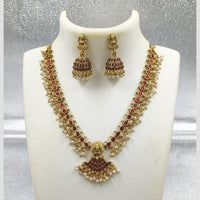 Joyful Jewel Art Matte Gold Plated Pota Stone And Pearl Temple Necklace Set