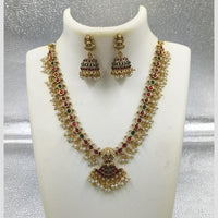 Joyful Jewel Art Matte Gold Plated Pota Stone And Pearl Temple Necklace Set