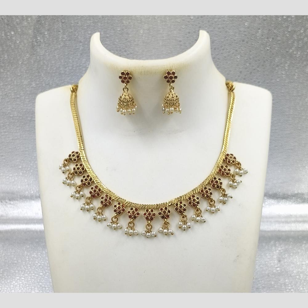 Joyful Jewel Art Matte Gold Plated Pota Stone And Pearl Necklace Set