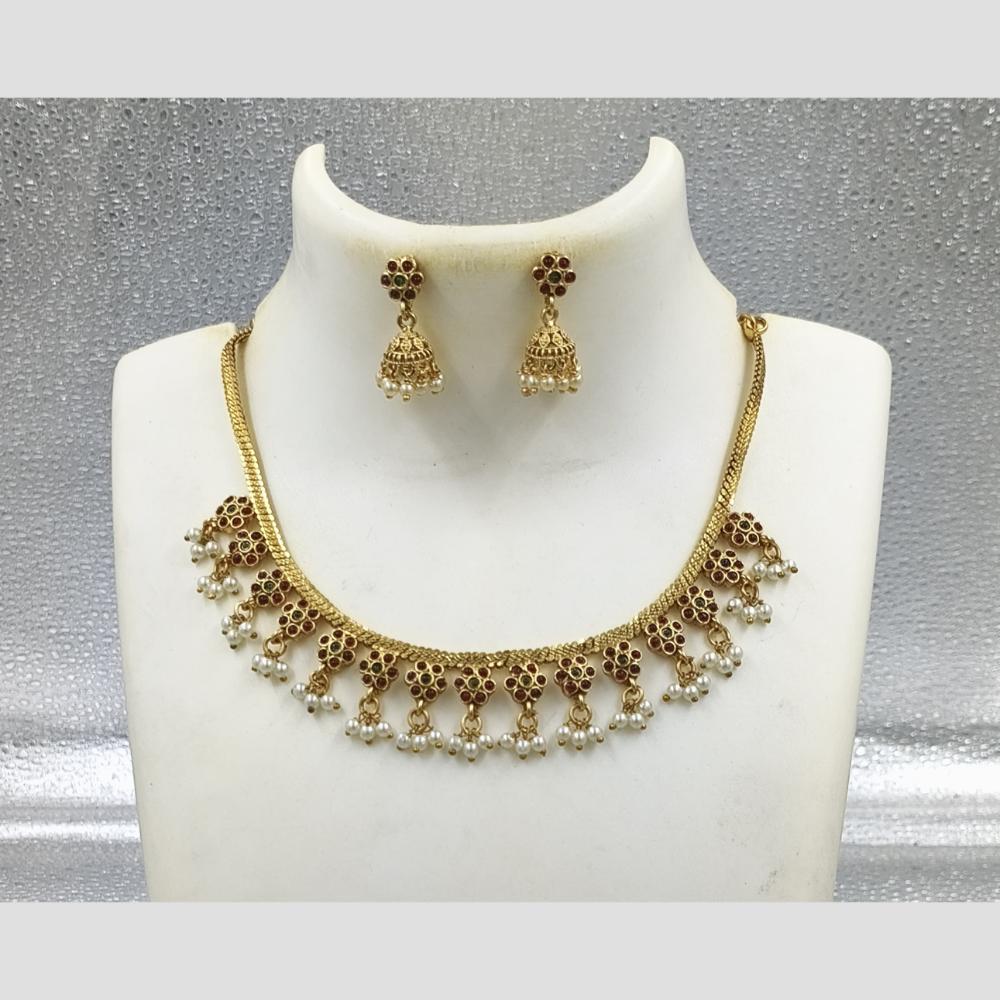 Joyful Jewel Art Matte Gold Plated Pota Stone And Pearl Necklace Set