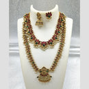 Joyful Jewel Art Matte Gold Plated Pota Stone And Pearl Temple Double Necklace Set