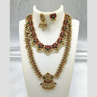 Joyful Jewel Art Matte Gold Plated Pota Stone And Pearl Temple Double Necklace Set