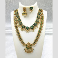 Joyful Jewel Art Matte Gold Plated Pota Stone And Pearl Temple Double Necklace Set