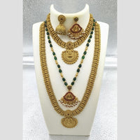 Joyful Jewel Art Matte Gold Plated Pota Stone And Pearls Temple Combo Necklace Set