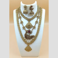 Joyful Jewel Art Matte Gold Plated Pota Stone And Pearls Temple Combo Necklace Set