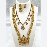 Joyful Jewel Art Matte Gold Plated Pota Stone And Pearl Temple Double Necklace Set