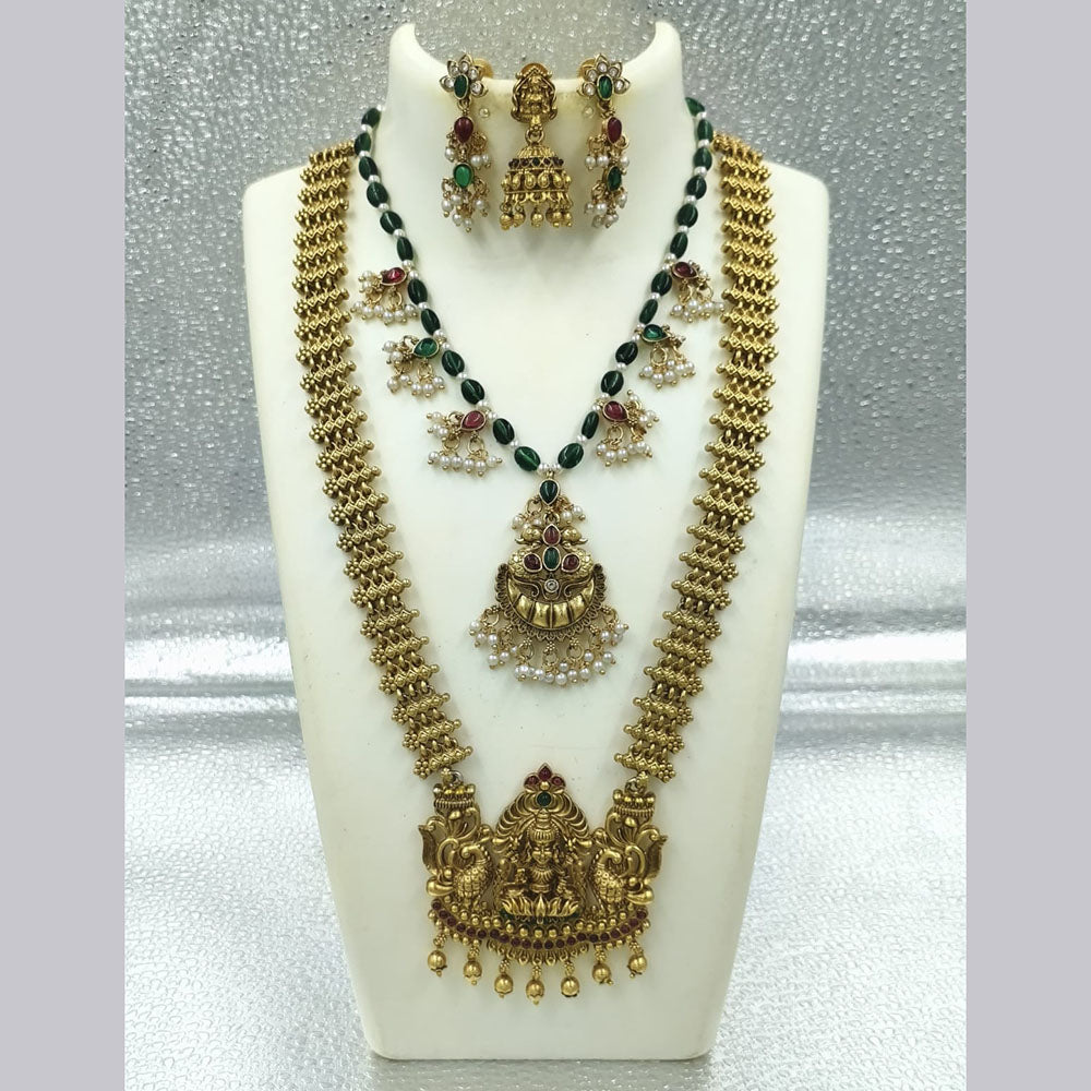 Joyful Jewel Art Matte Gold Plated Pota Stone And Pearl Temple Double Necklace Set