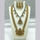 Joyful Jewel Art Matte Gold Plated Pota Stone And Pearl Temple Double Necklace Set