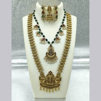 Joyful Jewel Art Matte Gold Plated Pota Stone And Pearl Temple Double Necklace Set