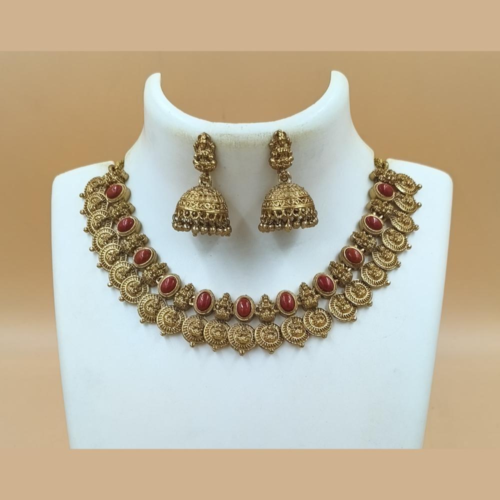 Joyful Jewel Art Matte Gold Plated Pota Stone Temple Necklace Set