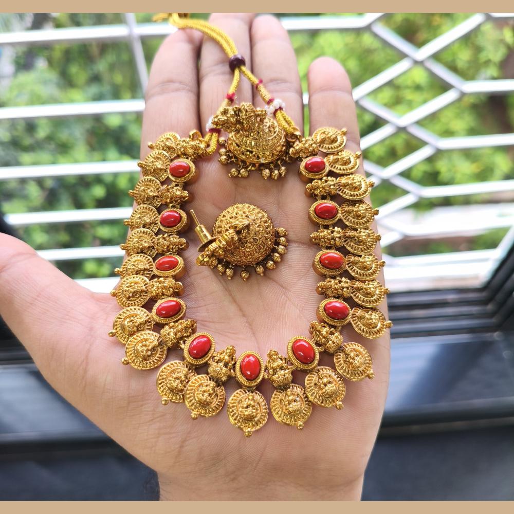 Joyful Jewel Art Matte Gold Plated Pota Stone Temple Necklace Set