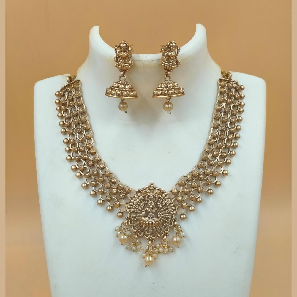 Joyful Jewel Art Matte Gold Plated Pearls Temple Necklace Set