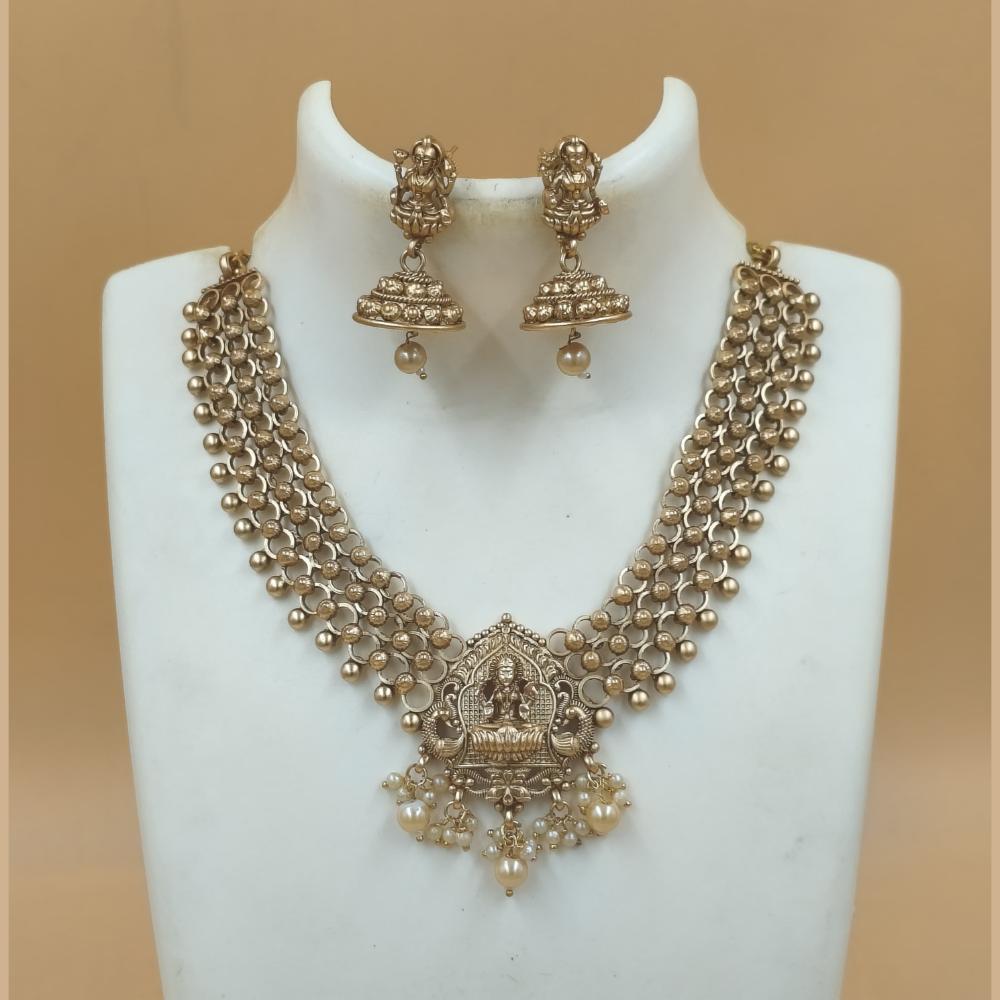 Joyful Jewel Art Matte Gold Plated Pearls Temple Necklace Set