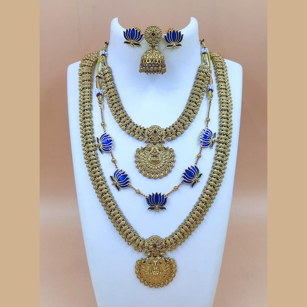 Joyful Jewel Art Matte Gold Plated Pota Stone Temple Long And Short Necklace Set