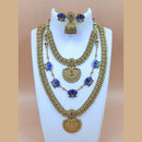 Joyful Jewel Art Matte Gold Plated Pota Stone Temple Long And Short Necklace Set