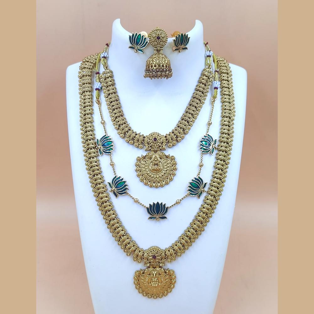 Joyful Jewel Art Matte Gold Plated Pota Stone Temple Long And Short Necklace Set