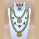 Joyful Jewel Art Matte Gold Plated Pota Stone Temple Long And Short Necklace Set