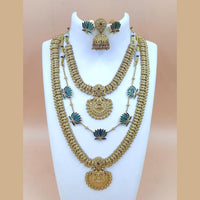 Joyful Jewel Art Matte Gold Plated Pota Stone Temple Long And Short Necklace Set