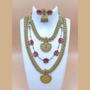 Joyful Jewel Art Matte Gold Plated Pota Stone Temple Long And Short Necklace Set