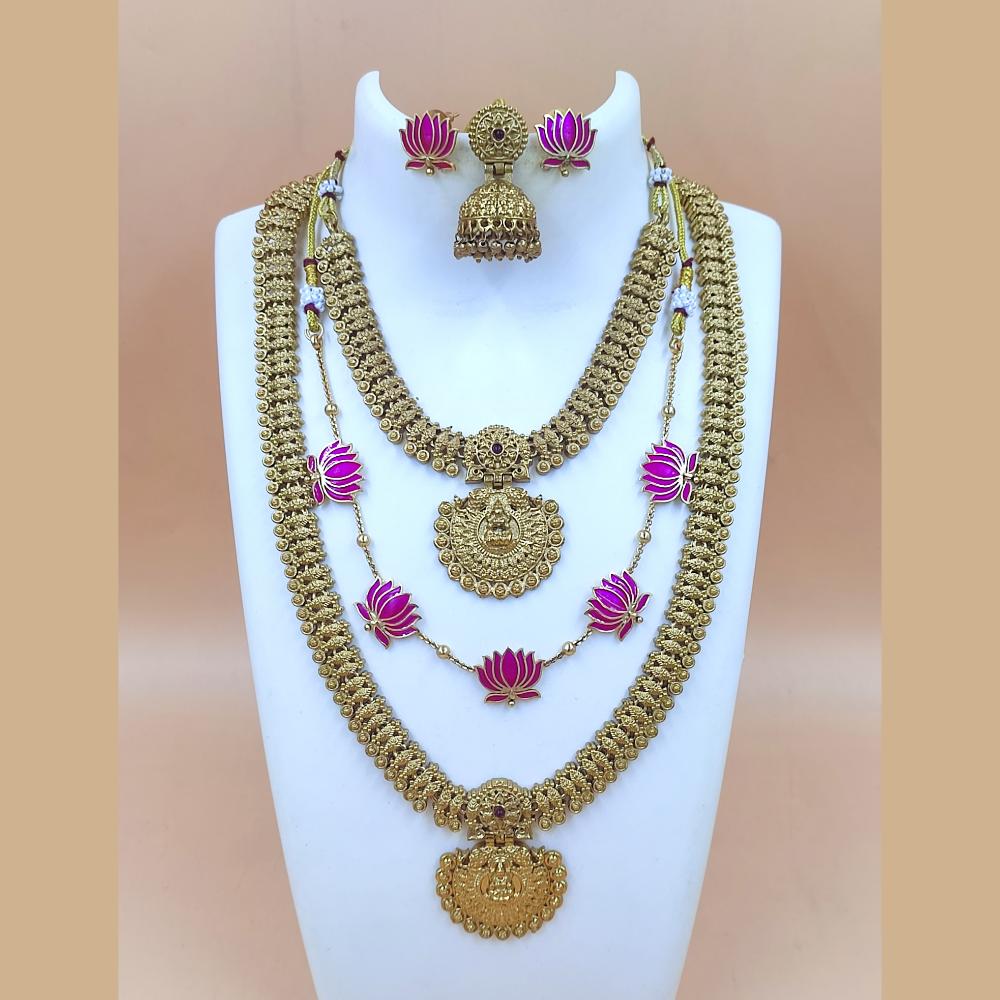 Joyful Jewel Art Matte Gold Plated Pota Stone Temple Long And Short Necklace Set