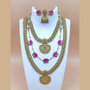 Joyful Jewel Art Matte Gold Plated Pota Stone Temple Long And Short Necklace Set