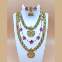Joyful Jewel Art Matte Gold Plated Pota Stone Temple Long And Short Necklace Set