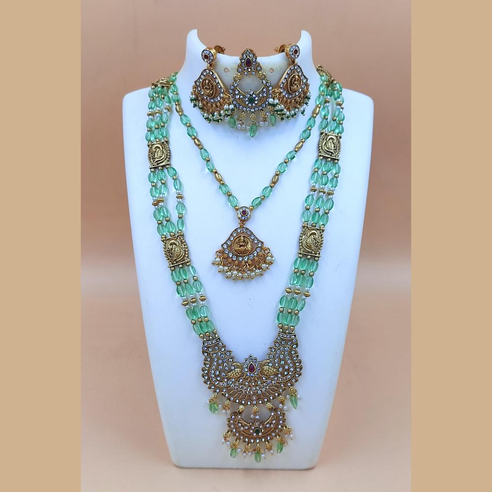 Joyful Jewel Art Matte Gold Plated Austrain Stone And Beads Temple Double Necklace Set