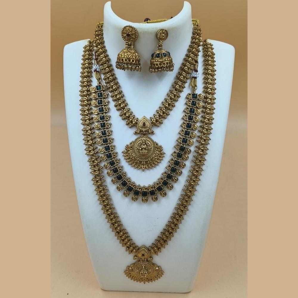 Joyful Jewel Art Matte Gold Plated Pota Stone Temple Long And Short Necklace Set