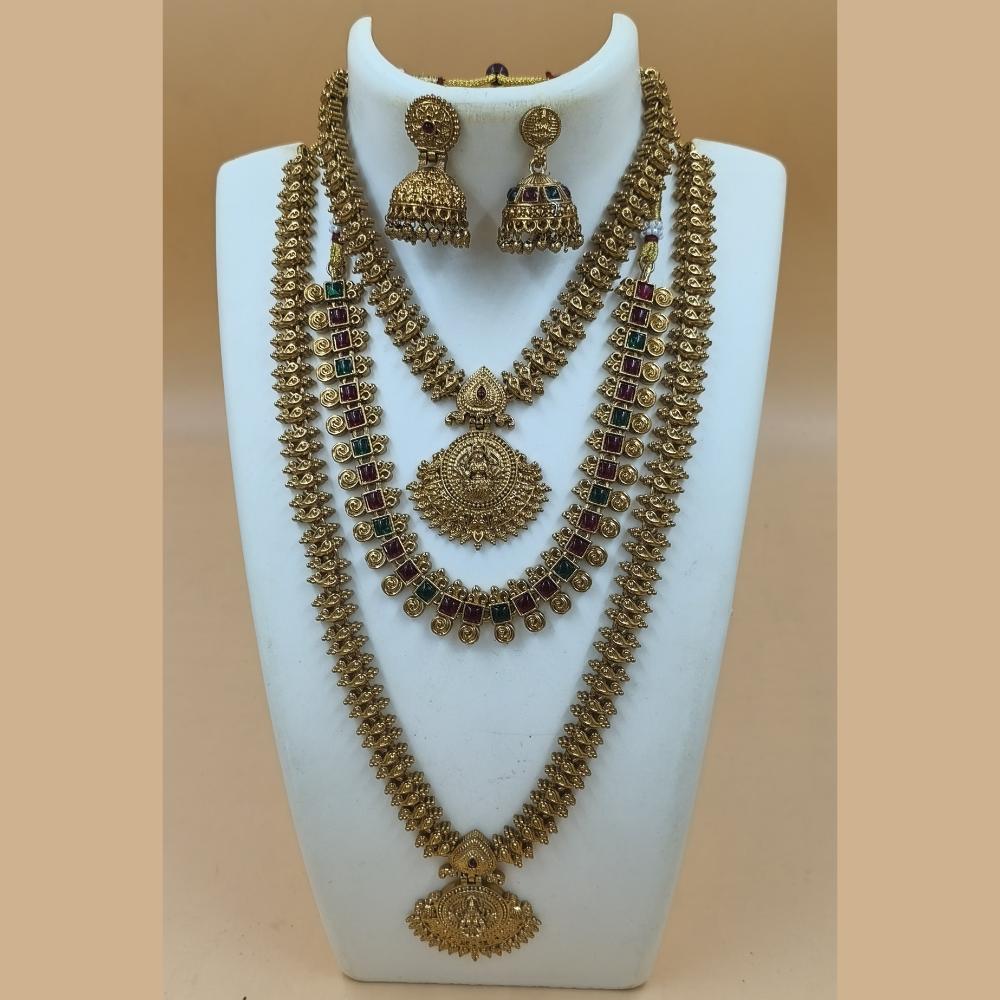 Joyful Jewel Art Matte Gold Plated Pota Stone Temple Long And Short Necklace Set