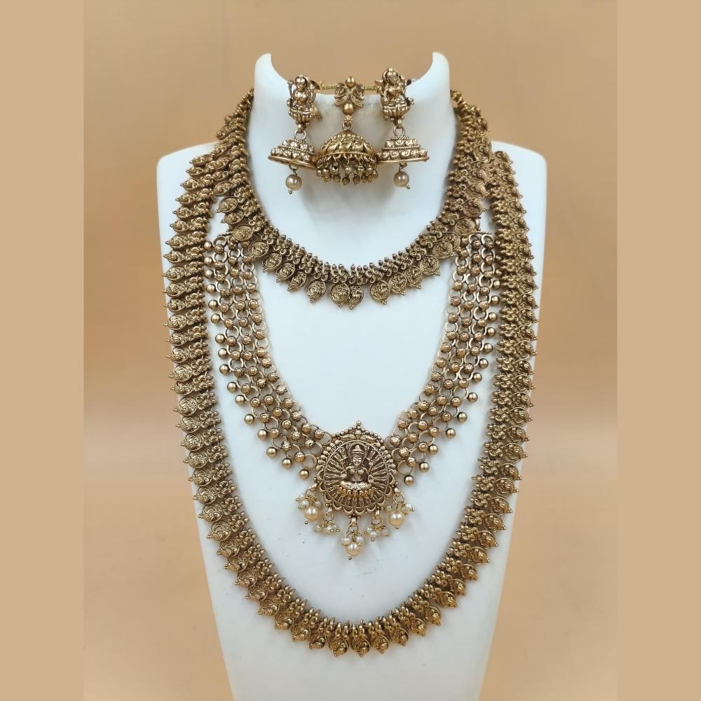 Joyful Jewel Art Matte Gold Plated Pearls Temple Long And Short Necklace Set
