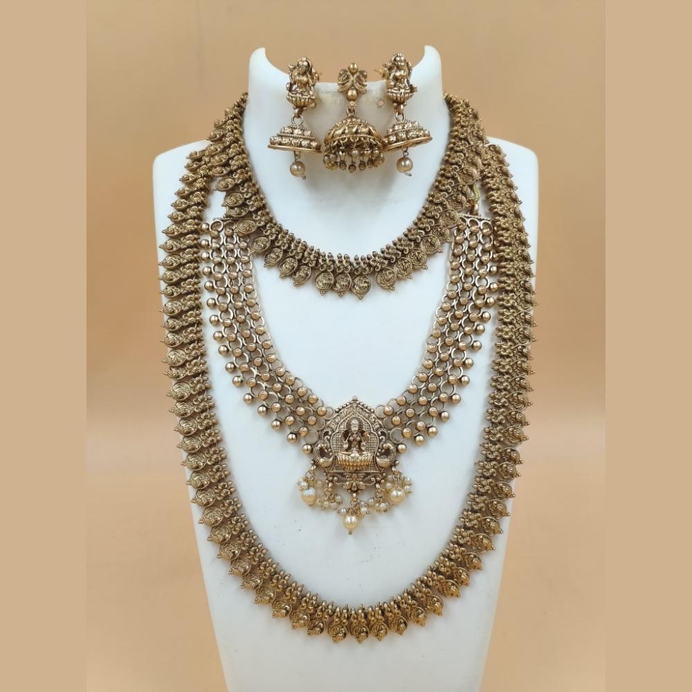 Joyful Jewel Art Matte Gold Plated Temple Long And Short Necklace Set