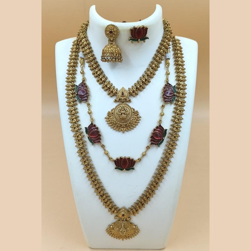 Joyful Jewel Art Matte Gold Plated Temple Long And Short Necklace Set