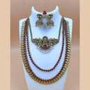 Joyful Jewel Art Matte Gold Plated Pota Stone And Pearl Temple Double Necklace Set