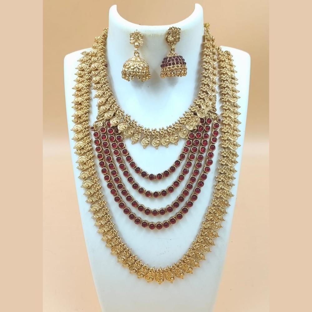 Joyful Jewel Art Matte Gold Plated Pota Stone Temple Double Necklace Set