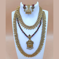Joyful Jewel Art Matte Gold Plated Pota Stone Temple Double Necklace Set