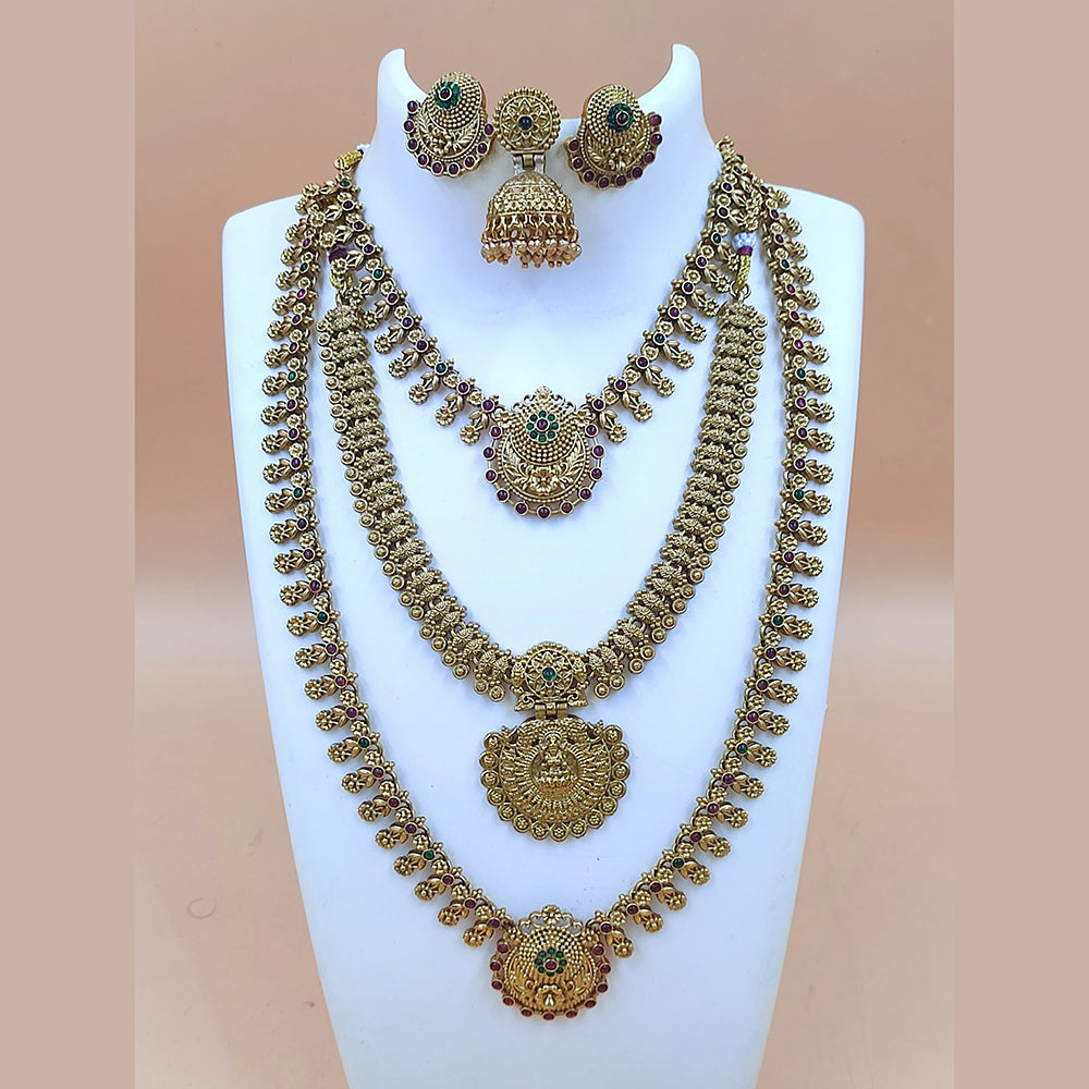 Joyful Jewel Art Matte Gold Plated Pota Stone Temple Double Necklace Set