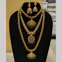 Joyful Jewel Art Matte Gold Plated Pota Stone Temple Long And Short Necklace Set