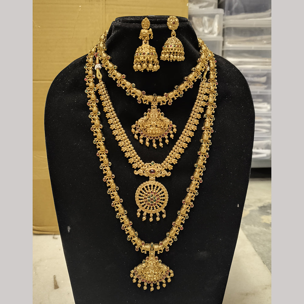 Joyful Jewel Art Matte Gold Plated Pota Stone Temple Long And Short Necklace Set