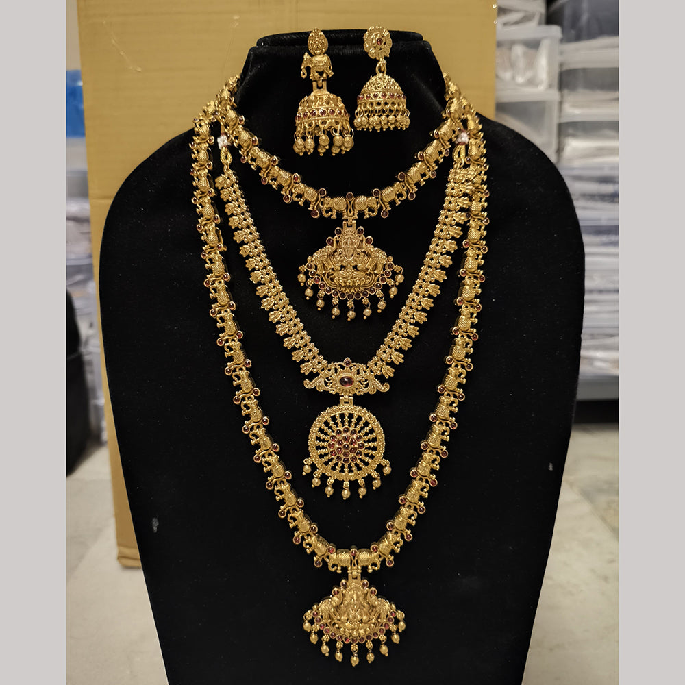 Joyful Jewel Art Matte Gold Plated Pota Stone Temple Long And Short Necklace Set