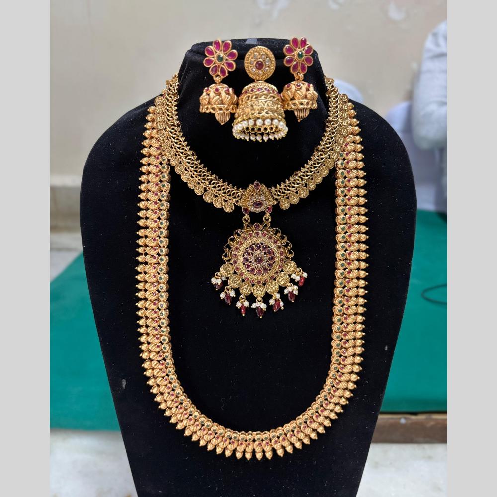 Joyful Jewel Art Matte Gold Pota Stones Temple Design Double Necklace Set