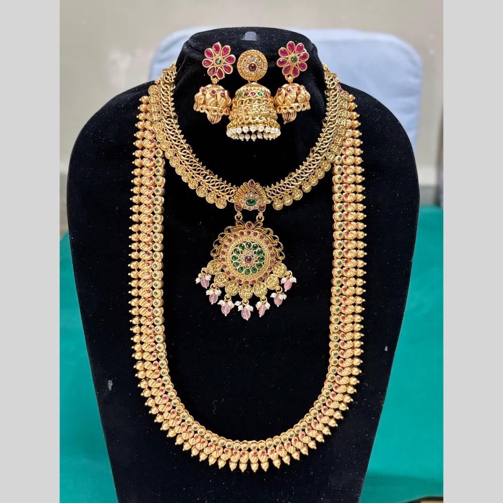 Joyful Jewel Art Matte Gold Pota Stones Temple Design Double Necklace Set