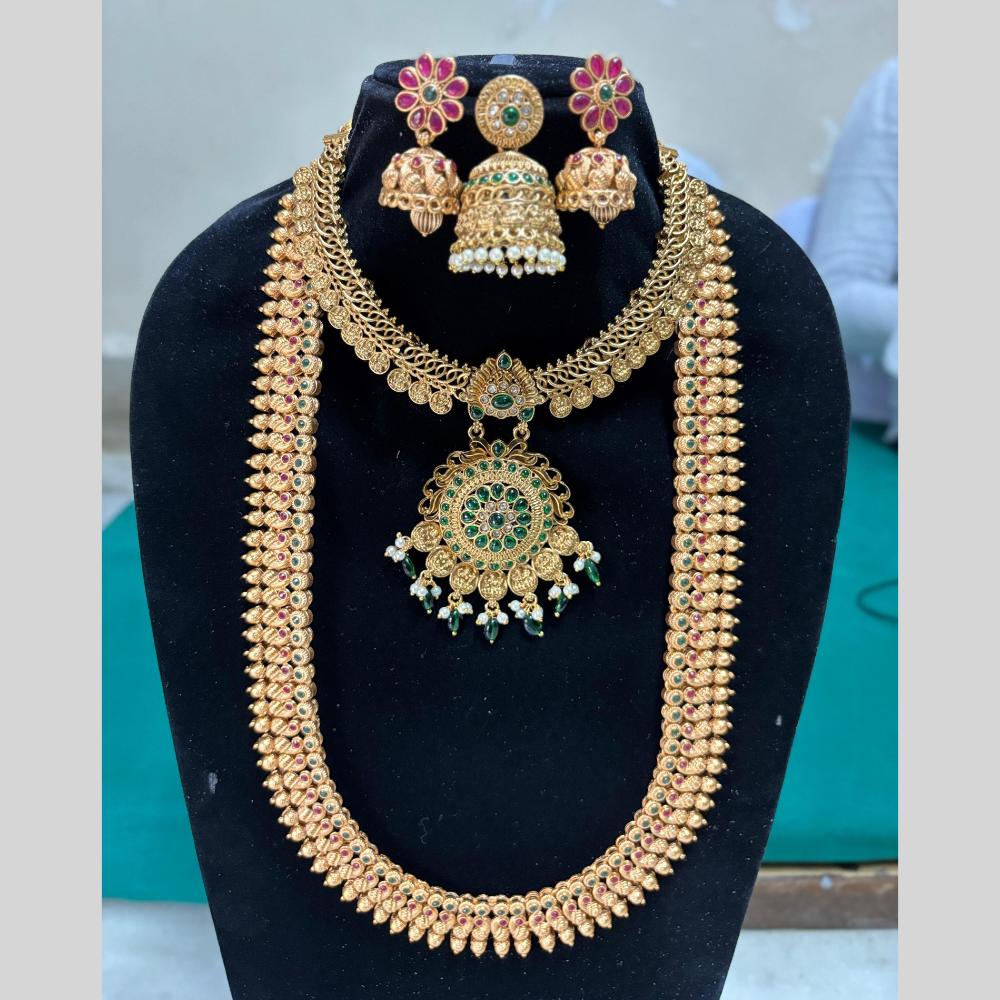 Joyful Jewel Art Matte Gold Pota Stones Temple Design Double Necklace Set