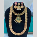 Joyful Jewel Art Matte Gold Pota Stones Temple Design Double Necklace Set
