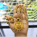 Joyful Jewel Art Premium Matte Gold Plated Pota Stone Temple Design Necklace Set