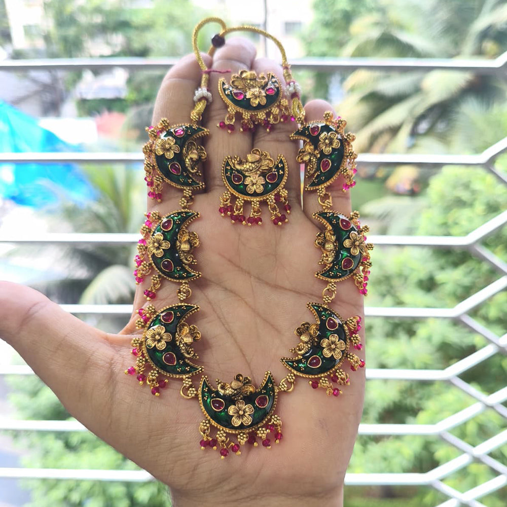 Joyful Jewel Art Elegant Matte Pota Stone And Meenakari Necklace Set
