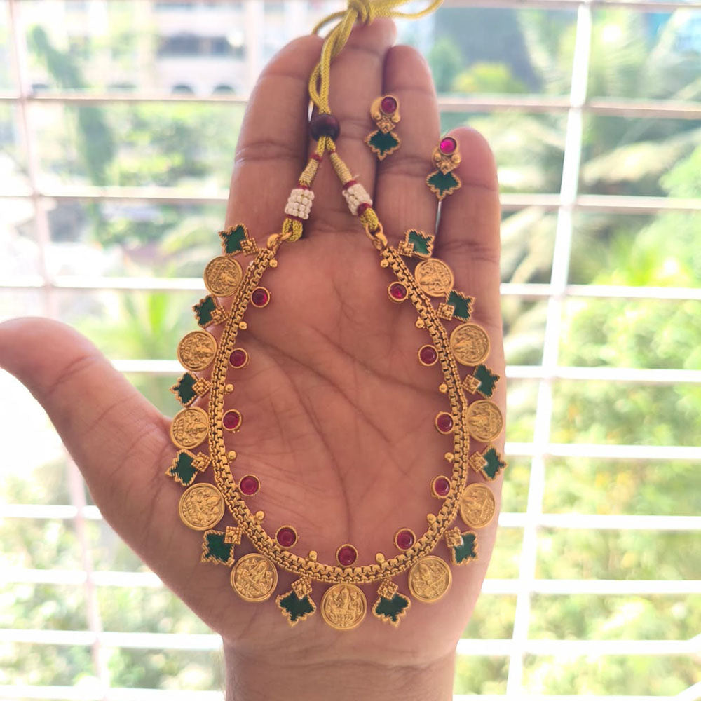 Joyful Jewel Art Heritage Matte Pota Stone Temple Necklace Set With Goddess Motifs