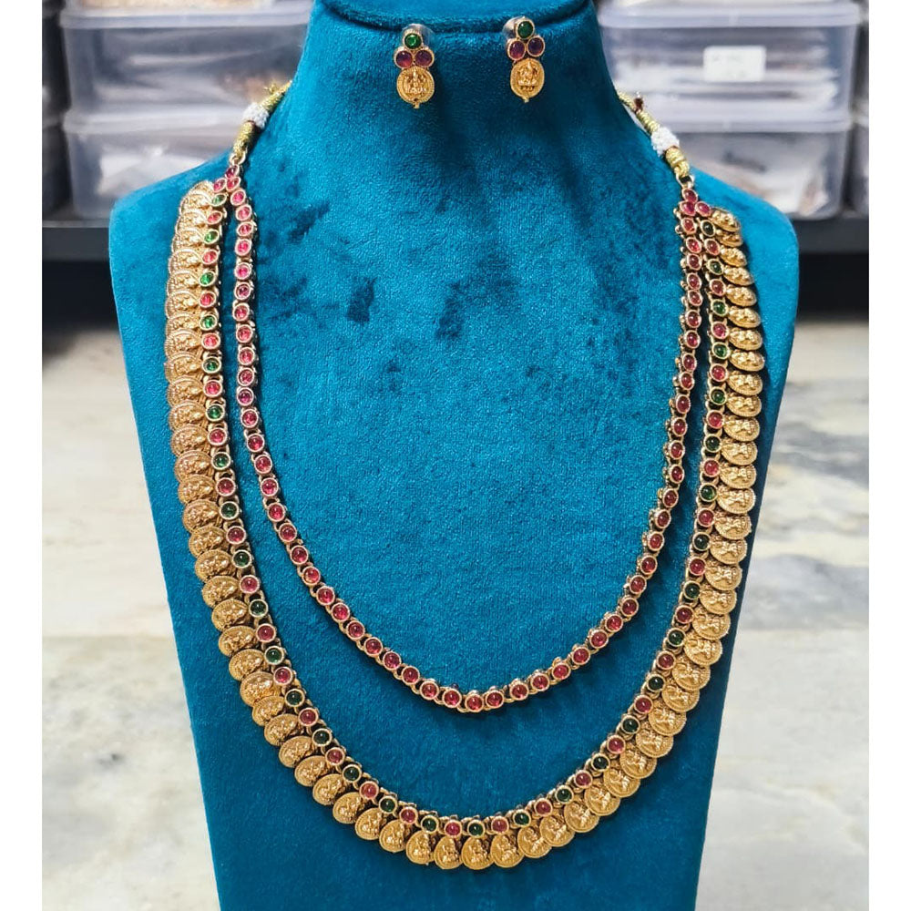 Joyful Jewel Art Matte Royal Look Pota Stone And Temple Double Necklace Set