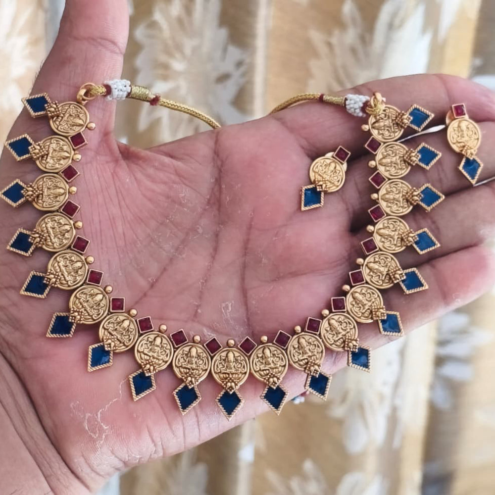 Joyful Jewel Art Traditional Matte Pota Stone And Pearl Temple Necklace Set