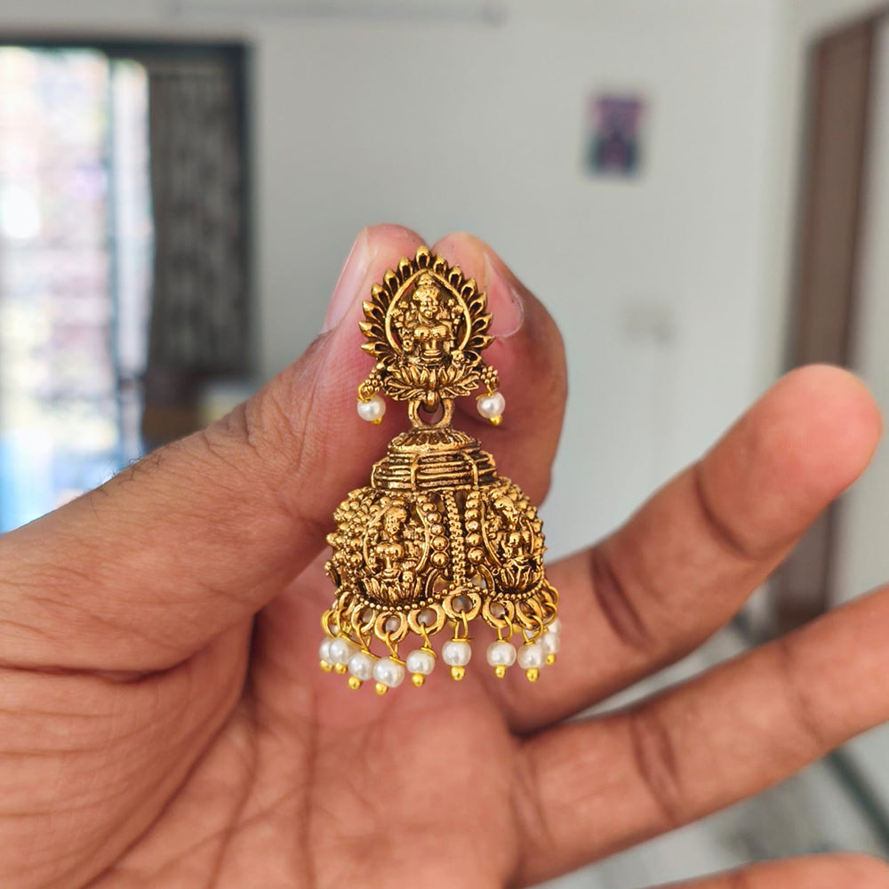 Joyful Jewel Art Matte Gold Plated Pota Stone And Pearls Jhumki Earrings