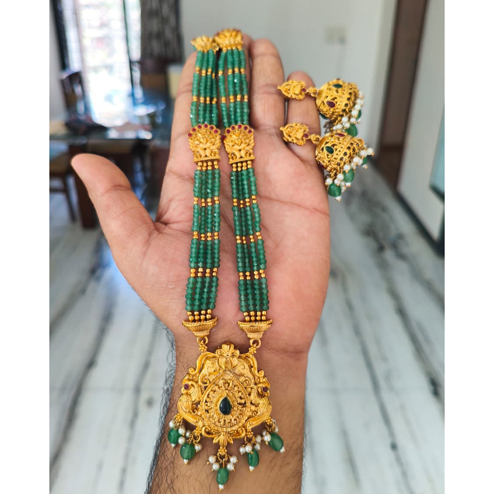 Joyful Jewel Art Timeless Matte Gold Pota Stone And Pearl Temple Long Necklace set